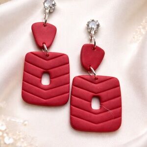 Red Chevron Geometric Drop Handmade Polymer Clay Earrings - Women Jewelry